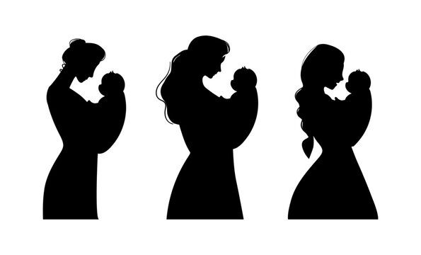 Mom with a baby in her arms, a set of silhouettes, flat vector illustration of motherhood. Woman hugging a newborn baby, side view.
