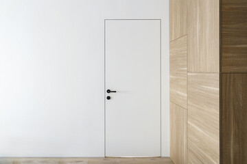 closed door and wooden wardrobe in empty hallway - Powered by Adobe