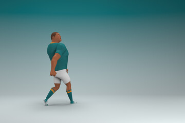 Fototapeta na wymiar An athlete wearing a green shirt and white pants is walking. 3d rendering of cartoon character in acting.