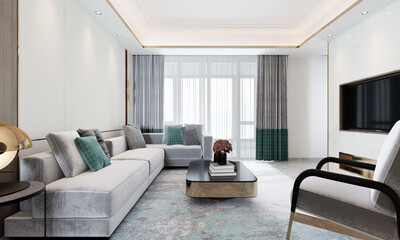 The modern luxury interior of the living room is bright and clean. 3D illustration