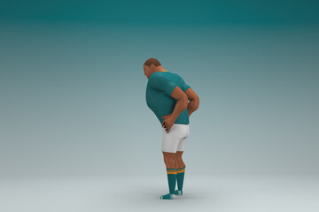Fototapeta na wymiar An athlete wearing a green shirt and white pants. He is sad or in pain. 3d rendering of cartoon character in acting.