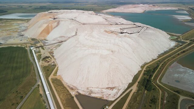 Aerial drone shot of Salt mountains near the city of Soligorsk, Belarus