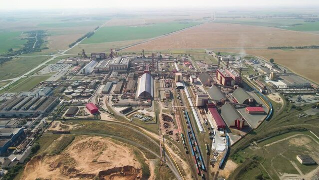 Aerial drone shot of factory producing fertilizers for Soil Soligorsk, Belarus