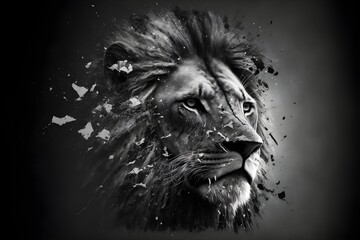 Realistic, high quality illustration of a disintegrating lion, in black and white tones