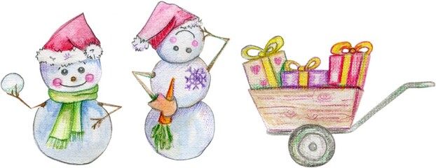 Set of cute cartoon characters painted in watercolor. Snowman with a carrot, snowman with a snowball,  cart with a gifts. Watercolor illustrations. Cute, funny New Year and Christmas characters.