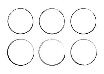 Black color circular lines collection set. Black brush stroke frame for text space. Hand-drawn circular doodle design isolated on white background.