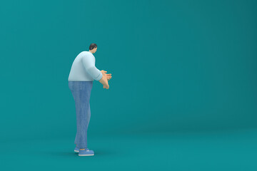 cartoon character wearing jeans and  long shirt. He is expression  of body and hand when talking. 3d rendering in acting.