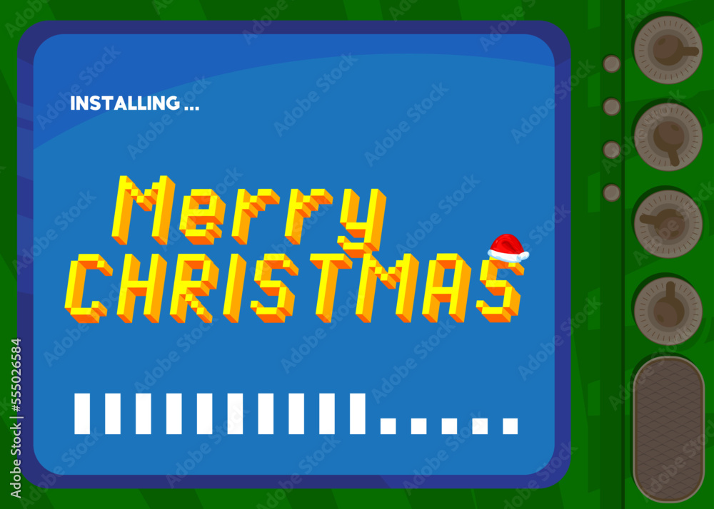 Poster cartoon computer with the word merry christmas. message of a screen displaying an installation windo