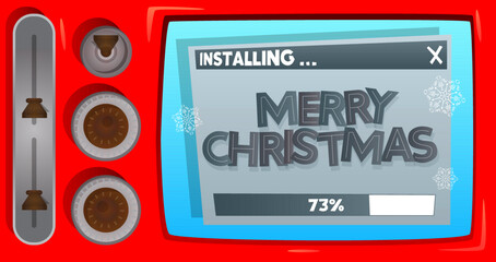 Cartoon Computer With the word Merry Christmas. Message of a screen displaying an installation window.