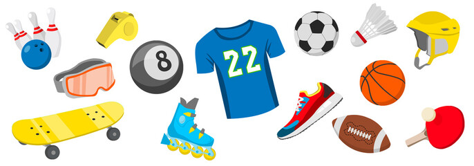Sport pattern with balls, football dress, sneakers, rollers, rackets, skate. Game illustration.