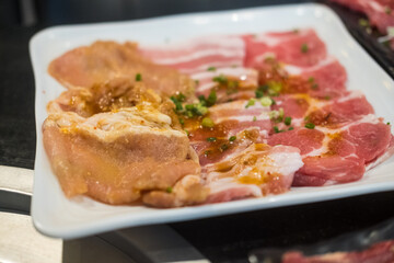 Group of mix raw meat. Fresh meat for grilling, yakiniku, sukiyaki or shabu