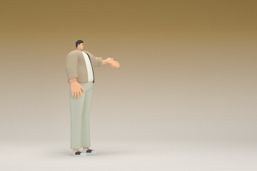 A man with glasses wearing brown cloth. He is expression of hand when talking. 3d rendering of cartoon character in acting.