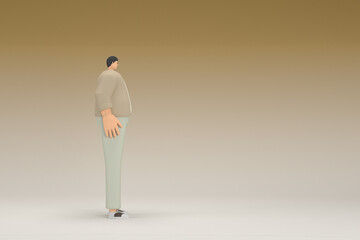 A man with glasses wearing brown cloth. He is expression of hand when talking. 3d rendering of cartoon character in acting.