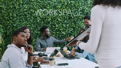 Startup meeting, UI strategy or black woman with tablet for presentation, data analytics or SEO chart review. Digital agency, innovation or team for planning creative idea, app design or fintech