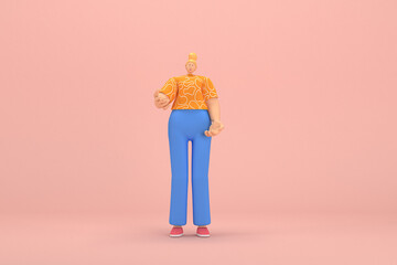 The woman with golden hair tied in a bun wearing blue corduroy pants and Orange T-shirt with white stripes.  She is expression  of hand when talking. 3d rendering of cartoon character in acting.