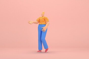 The woman with golden hair tied in a bun wearing blue corduroy pants and Orange T-shirt with white stripes.  She is expression  of hand when talking. 3d rendering of cartoon character in acting.