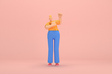 The woman with golden hair tied in a bun wearing blue corduroy pants and Orange T-shirt with white stripes.  She is expression  of hand when talking. 3d rendering of cartoon character in acting.