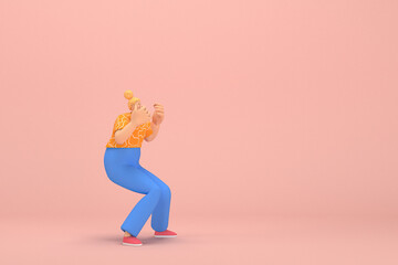 Fototapeta na wymiar The woman with golden hair tied in a bun wearing blue corduroy pants and Orange T-shirt with white stripes. She is expression of hand when talking. 3d rendering of cartoon character in acting.