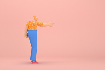 The woman with golden hair tied in a bun wearing blue corduroy pants and Orange T-shirt with white stripes.  She is expression  of hand when talking. 3d rendering of cartoon character in acting.