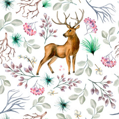 Winter plants and deer watercolor seamless pattern isolated on white. Coniferous, branch spruce, pine hand drawn. Element for design Christmas cards print, New year background, textile, wallpaper.
