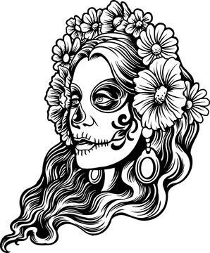 Woman dia de los muertos outline Vector illustrations for your work Logo, mascot merchandise t-shirt, stickers and Label designs, poster, greeting cards advertising business company or brands.