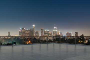Fototapeta na wymiar Skyscrapers Cityscape Downtown, Los Angeles Skyline Buildings. Beautiful Real Estate. Night time. Empty rooftop View. Success concept.