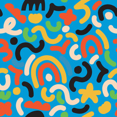 Hand drawn contemporary art collage with different colorful abstract shapes. Vector seamless pattern with modern cut out elements.