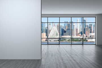 Midtown New York City Manhattan Skyline Buildings from High Rise Window. Expensive Real Estate. Empty room Interior with Mockup wall. Skyscrapers View Cityscape. Day time. west side. 3d rendering.
