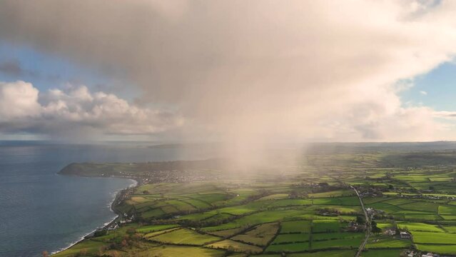 Aerial view of clouds over Ballygally on the Co Antrim coastline Northern Ireland