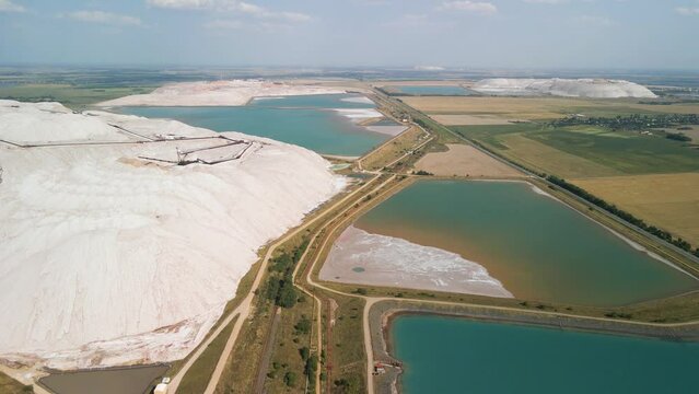 Aerial drone view of Salt mountains near the city of Soligorsk, Belarus