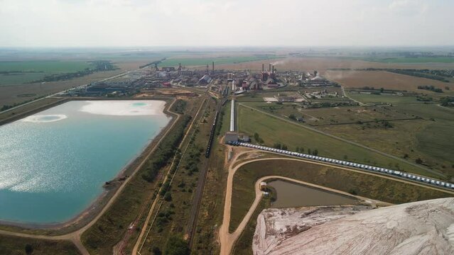  Drone shot factory producing fertilizers for Soil, Soligorsk. Salt mountains.