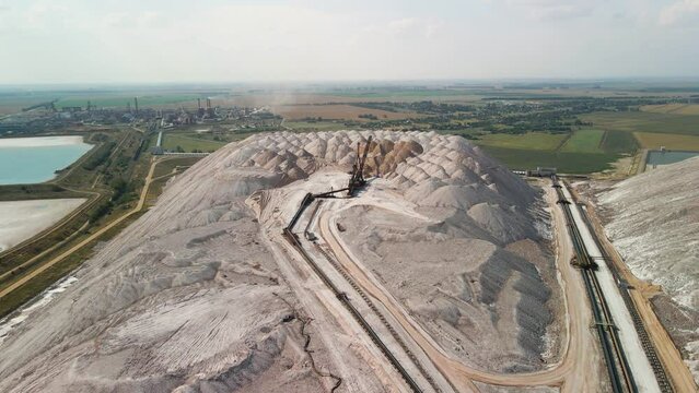 Drone view of Salt mountains near the city of Soligorsk, Belarus