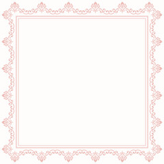 Classic vector pink vintage square frame with arabesques and orient elements. Abstract ornament with place for text. Vintage pattern