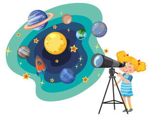 Girl observing planets with telescope