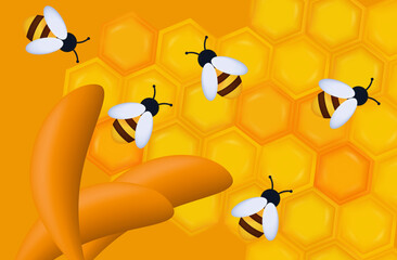 Wax honeycombs with bees 3d. The process of collecting honey, insects work together. Yellow hexagonal wax pattern, sweet, sticky honey. Bee farm or apiary. Modern orange banner. Vector illustration.