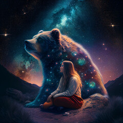 A grizzly bear and a woman sitting with the galaxy behind them created with generative AI technology - obrazy, fototapety, plakaty