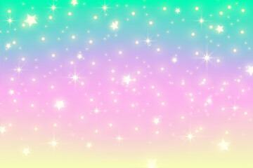 Rainbow unicorn background. Pastel gradient color sky with glitter. Magic galaxy space and stars. Vector abstract pattern.