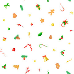 Seamless vector pattern with Christmas ornaments and decorations on white background.