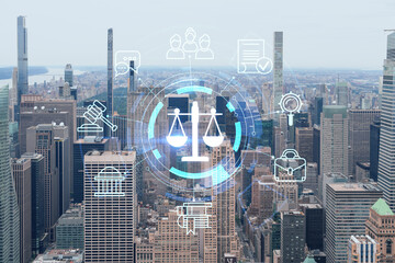 Aerial panoramic city view of Upper Manhattan and Central Park, New York city, USA. Iconic skyscrapers of NYC. Glowing hologram legal icons. The concept of law, order, regulations and digital justice