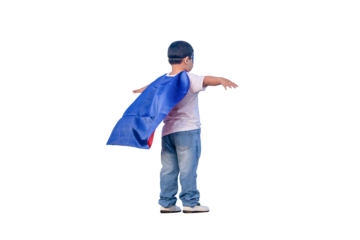 Portrait of adorable kid boy having fun outdoor. Little child play superhero