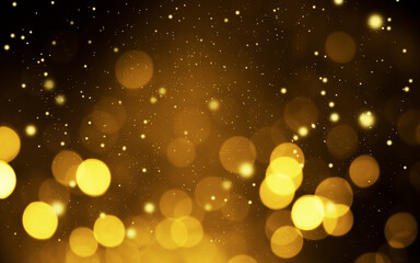 Beautiful Gold Bokeh Abstract Background. Celabration Christmas Festive New Year Theme, Xmas Holiday. Glitter Bokeh Defocused Lights, Dust and Stars. Golden with Dark or Black.