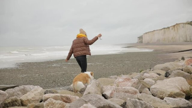 Young woman happy girl with dog border collie walk on rocks