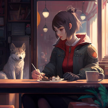 A stunning anime girl with a short bob haircut in a cafe with a wolf  created with generative AI technology Stock Illustration