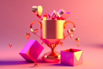 Trophy cup with floating gift, heart, ribbon and geometric shapes on pink background, concept for celebration, winner,
