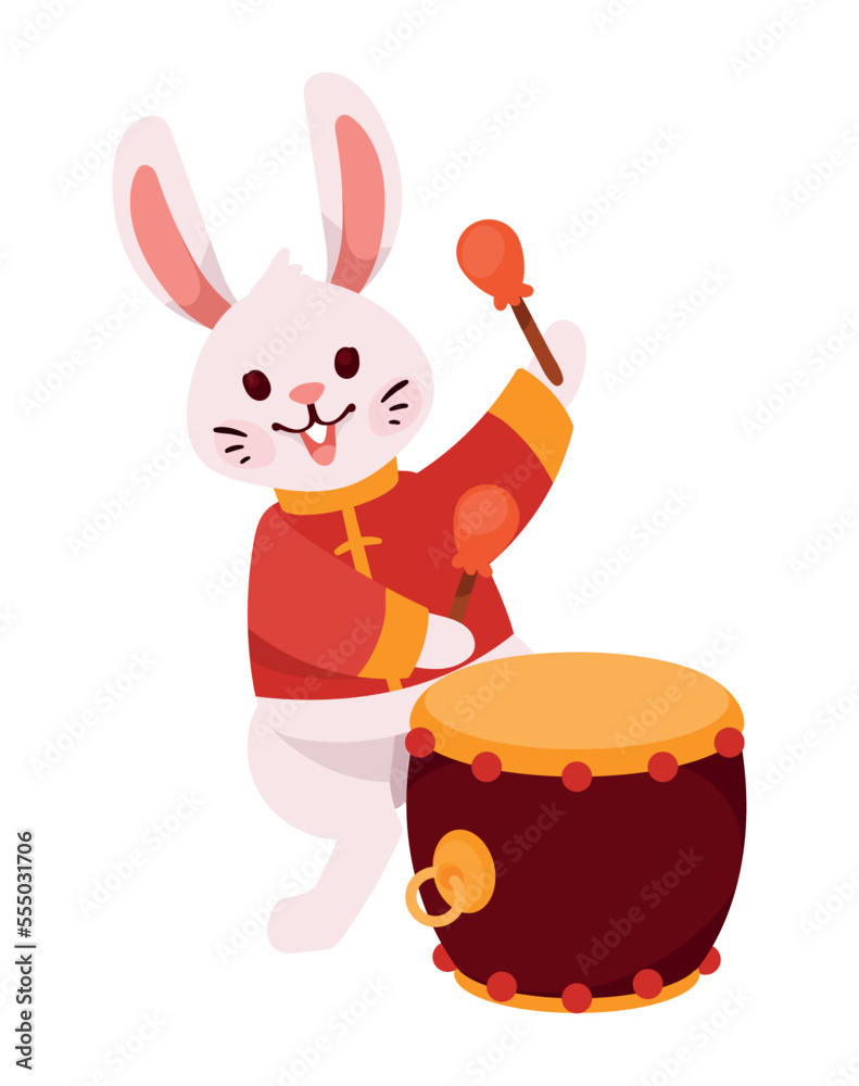 Sticker asian rabbit playing drum