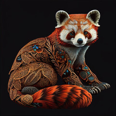 A portrait of a red panda with leaves created with generative AI technology