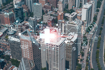 Aerial panorama city of Chicago downtown area, day time, Illinois, USA. Birds eye view, skyscrapers, skyline. Health care digital medicine hologram. The concept of treatment and disease prevention