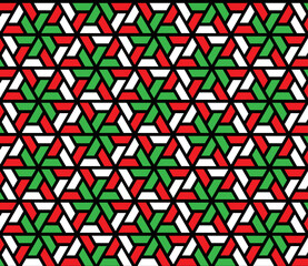 Rotation of maze triangle pattern on red, white and green background. Colorful abstract art. Black stripe triangle shape on green, red and white backdrop. Abstract background.