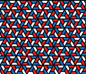 Rotation of maze triangle pattern on red, white and blue background. Colorful abstract art. Black stripe triangle shape on blue, red and white backdrop. Abstract background.