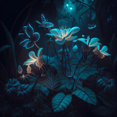 Fototapeta na wymiar A bioluminescent creepy fairy forest created with generative AI technology 
